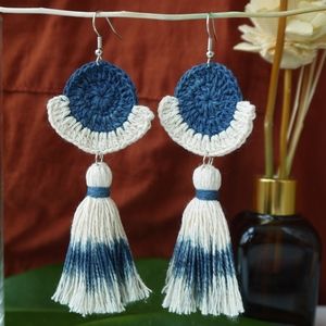 Handmade Crochet Boho Tassel Natural Indigo Dyed Cotton Earrings